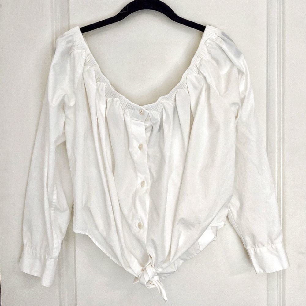 Ellen Tracy White Top Cropped Off Shoulder Waist Tie Button Front XL
